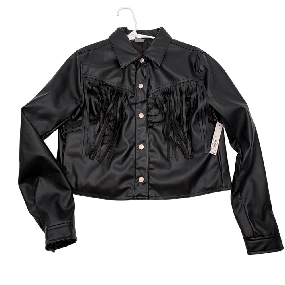 No Boundaries Girls Black Faux Leather Fringe Western Jacket Size M 7-9 NWT‎
